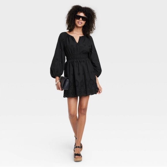 Women's Puff 3/4 Sleeve Eyelet Dress - Universal Thread Black - Picture 2 of 3